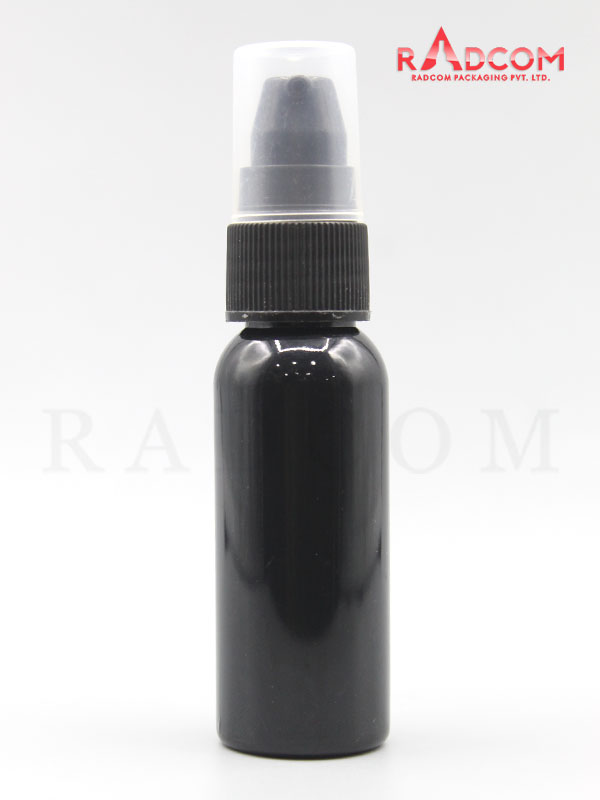 30ML Boston Opaque Black Pet Bottle with Black Nozzle Pump and PP Dust Cap