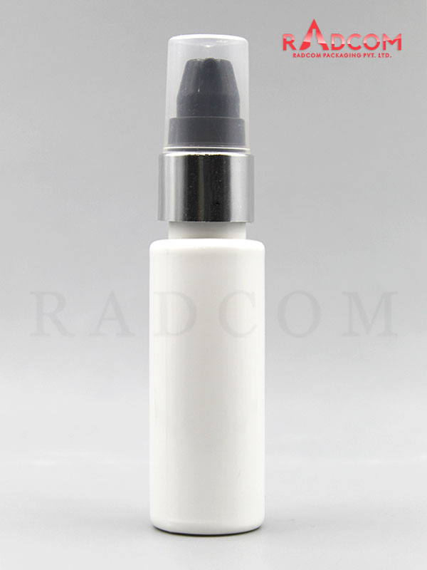 30ML Tulip Opaque White Pet Bottle with Black Nozzle Pump with Silver Aluminum Sleeve and PP Dust Cap