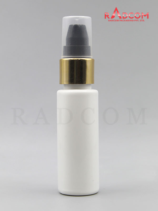 30ML Tulip Opaque White Pet Bottle with Black Nozzle Pump with Golden Aluminum Sleeve and PP Dust Cap