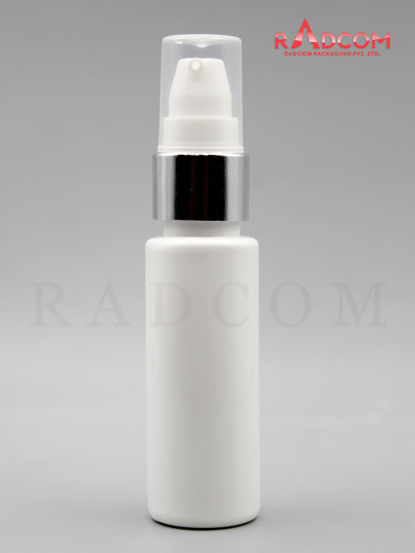 30ML Tulip Opaque White Pet Bottle with White Nozzle Pump with Silver Aluminum Sleeve and PP Dust Cap