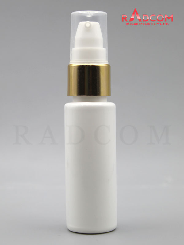 30ML Tulip Opaque White Pet Bottle with White Nozzle Pump with Golden Aluminum Sleeve and PP Dust Cap