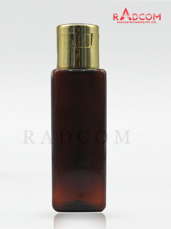 50 ml Amber Square Pet Bottle with Shinny Gold Flip Top