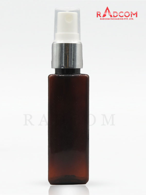 50ML Amber Square PET Bottle with White Mist Pump with Silver Ring and PP Dust Cap