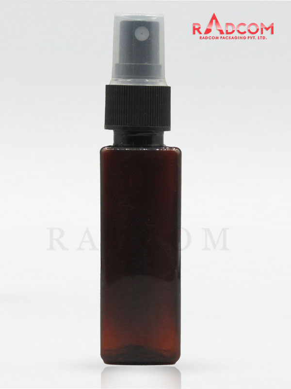 50ML Amber Square PET Bottle with Black Mist Pump with PP Dust Cap