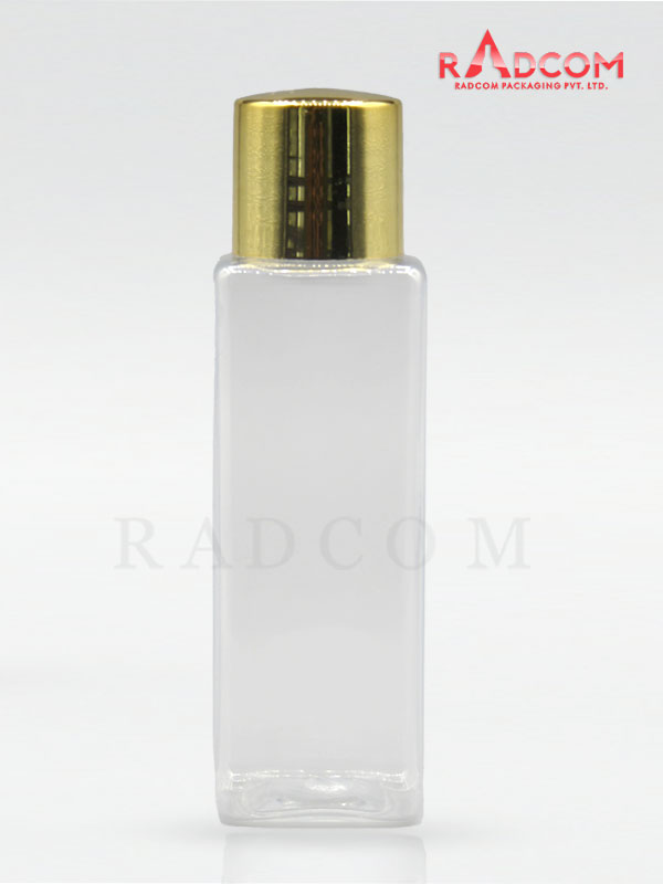 50 ml Square Clear Pet Bottle with Shinny Gold Screw Cap