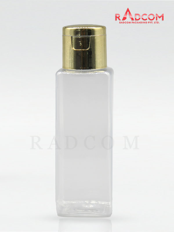 50 ml Clear Square Pet Bottle with Shinny Gold Flip Top
