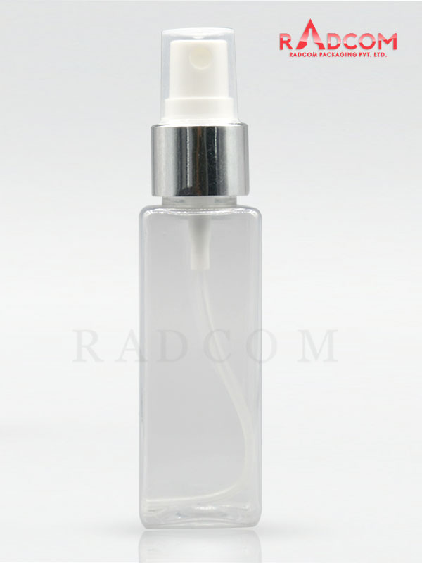 50ML Clear Square PET Bottle with White Mist Pump with Silver Aluminum Sleeve and PP Dust Cap