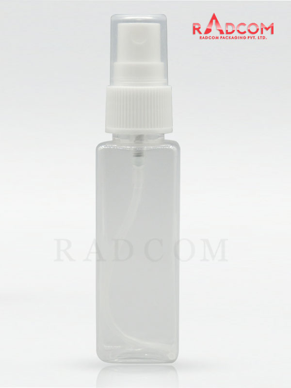 50 ml Clear Square PET Bottle with White Mist Pump and PP Dust Cap