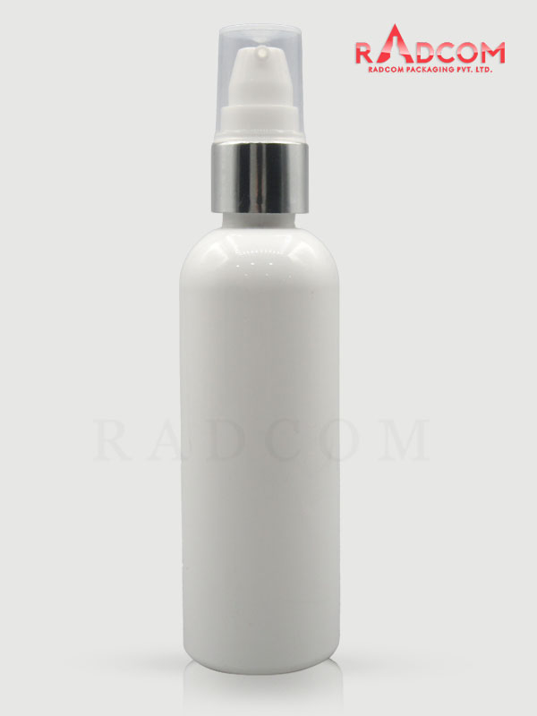 100ML Boston Opaque Pet Bottle with White Nozzle Pump with Silver Aluminum Sleeve and PP Dust Cap