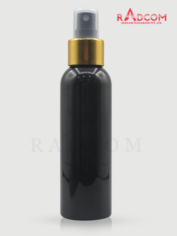 120ML Boston Opaque Black PET Bottle with Black Mist Pump with Golden Aluminum Sleeve and PP Dust Cap