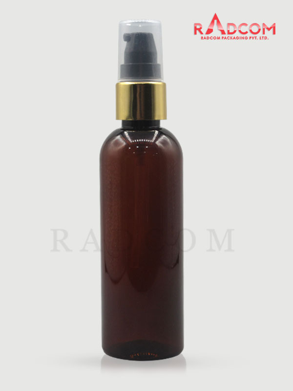 100ML Boston Amber Pet Bottle with Black Nozzle Pump with Golden Aluminum Sleeve and PP Dust Cap