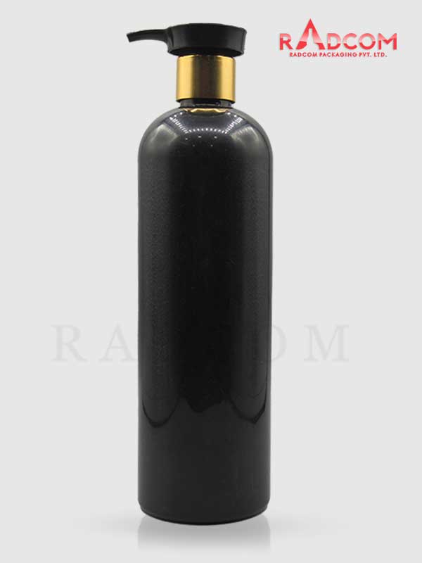500ML Boston Opaque Black Pet Bottle with Golden Sleeves Lotus Pump