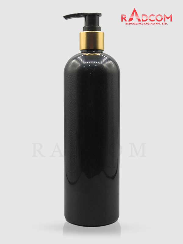 500ML Boston Opaque Black Pet Bottle with Golden Sleeves Screw Type Dispenser Pump