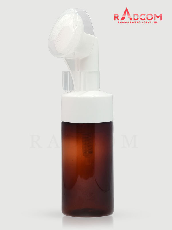 150ML Amber Foaming Bottle with White Brush Pump with Clear Over Cap